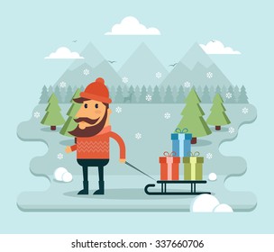 Flat Cartoon Character with Sled Full of Christmas Presents. Trees and Mountains on the Background. Colorful Vector Illustration