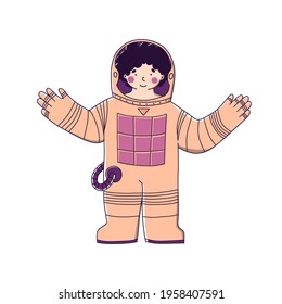 Caricatura plana de un niño en el espacio. Saludo astronauta. Ilustración vectorial de dibujos animados planos.