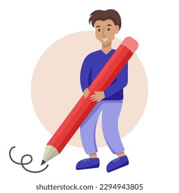 Flat cartoon character student boy standing and writing with a big large pencil. Education concept. Vector illustration isolated on white background