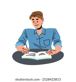 Flat cartoon character taking note with pen and book