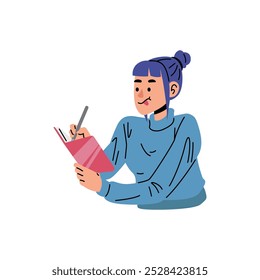 Flat cartoon character taking note with pen and book
