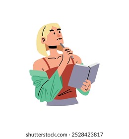 Flat cartoon character taking note with pen and book