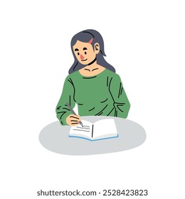 Flat cartoon character taking note with pen and book