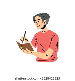 Flat cartoon character taking note with pen and book