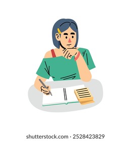 Flat cartoon character taking note with pen and book