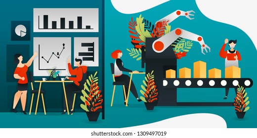 flat cartoon character. vector illustration for technology, factory, sales, marketing. worker making product with latest machine and robot hand. businessman planning for next sales achievement target