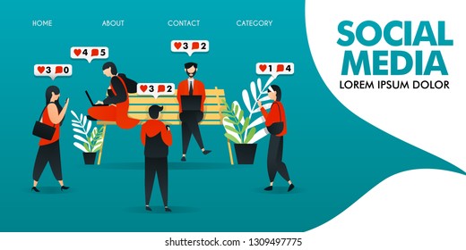 flat cartoon character. vector illustration for technology, application, social media, network. people who active at park but pay attention to social media. men and women give lots of love and comment