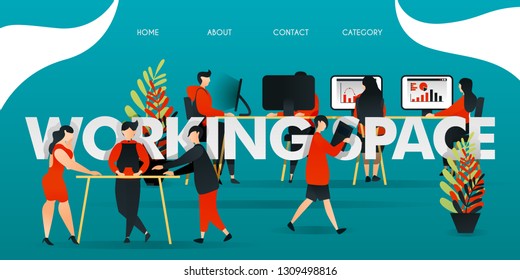 flat cartoon character. vector illustration for technology, startup, creative industry. employee work at WORKING SPACE. people discussing, working with computer, analyzing chart, and delivering file