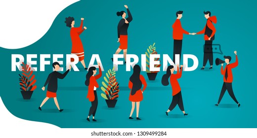 flat cartoon character. vector illustration for business, marketing, web, poster, ui, brochure . man with megapon refer a friend. people who interested in raising hand. two men agree and shake hand