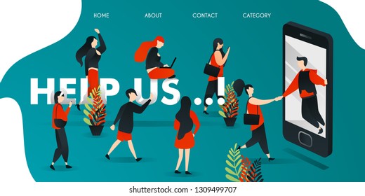 flat cartoon character. vector illustration for business, marketing, web . men get out of a smartphone helping people. people ran around word HELP US. and a woman who accesse the internet via laptop