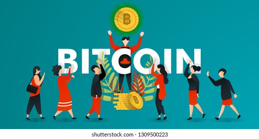 flat cartoon character. vector illustration for business, marketing, web, finance, currency . man who lifts glowing bitcoin and show to people. people are getting interested and asking about bitcoin