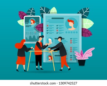 flat cartoon character. vector illustration for technology, business, poster. people who debate and discussion new employees. Employee application form that checked and crossed. and new mobile apps