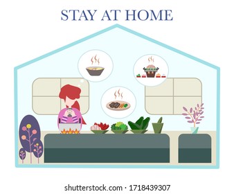 Flat cartoon character vector illustration during corona virus quarantine at home , people working online ,doing activities, cooking at home . Social distance.