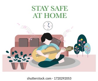 Flat cartoon character vector illustration during corona virus quarantine. People working from home or doing activities at home , social distance.