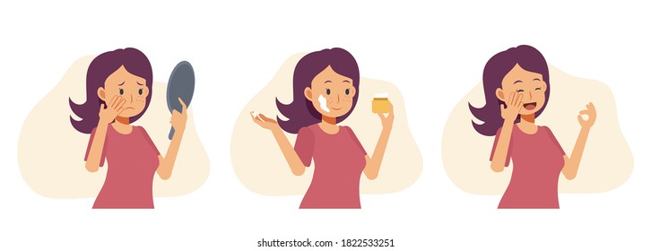 Flat Cartoon Character Vector Illustration Of Beautiful Woman That Is Worried About Skin; Using Face Mask Cream For Acne Or Pimples And Blackheads;  With Healthy Skin, Getting Good Result.
