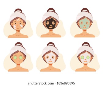 Flacher Cartoon Charakter Vektorgrafik von Frauen Gesichter mit Gesichtszügen. Hautpflege im Gesicht. Tonmasken, Alginatmasken.