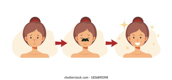 Dibujo plano del personaje de caricatura ilustrativo de una mujer bonita usando tira nasal anti-cabeza negra. el problema cutáneo muestra el resultado del uso de un producto cosmético de cuidado.