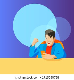 vector de caricatura plana, un hombre con entusiasmo, felicidad, expresión de cara sorprendida sentado o de pie en el cargo, traje informal, hombre exitoso lograr el objetivo.