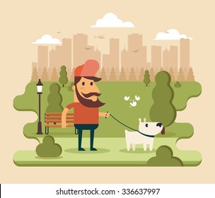 Flat Cartoon Character Walking with Dog in the Park. Big City Silhouette on the Background. Colorful Vector Illustration