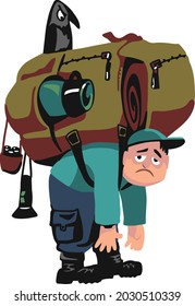 Flat Cartoon Charakter des Wandertourismus mit Rucksack.