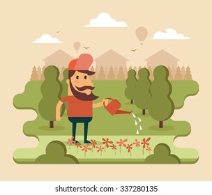 Flat Cartoon Character Watering Flowers in the Garden. Houses and Trees on the Background. Colorful Vector Illustration