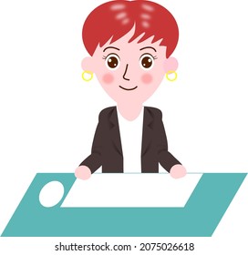 Flat cartoon character woman sat at a desk in an office with computer keyboard and mouse. Vector graphic illustration isolated on white background.