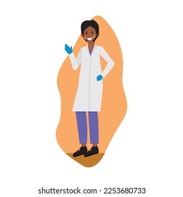 flat cartoon character of woman Science researching lab center presentation explain talk 