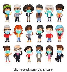 Flat cartoon characters collection of people wearing medical face masks to prevent viruses, disease, flu, gas. Isolated on white background. Clipping paths included.