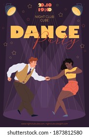 Personajes de caricatura plana bailando-discoteca bailando volante para publicación en medios sociales, historias de banners web, afiches, anuncios de discotecas musicales.Gente moderna de moda que está teniendo momentos felices juntos