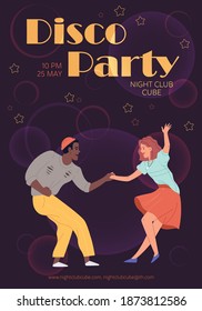 Flat cartoon characters dancing-disco dance party flyer for social media post,web banner stories,poster,music night club ad.Modern trendy people having happy time together