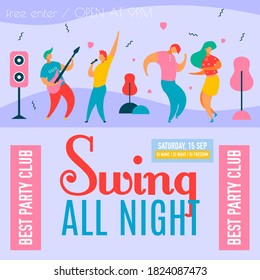 Flat cartoon characters dancing,playing music-musical fest,dance party poster flyer concept for social media,web banner stories,announcement post.Modern trendy people having happy time,man woman