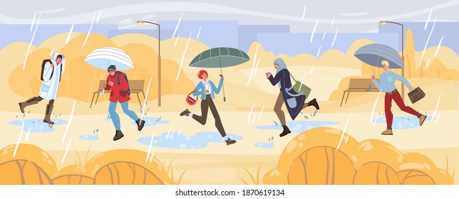 Flat cartoon characters doing autumn activities,walking outdoor under the rain,lifestyle concept