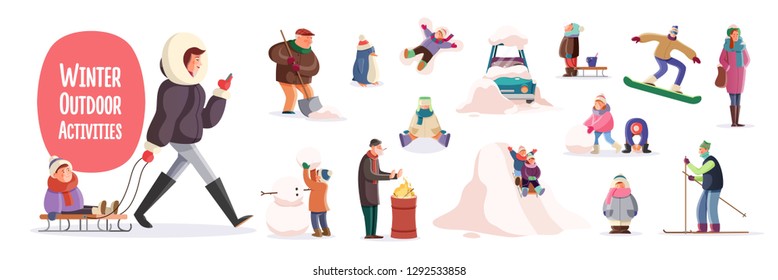 Flat cartoon characters performing winter outdoor activities