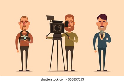 Flat Cartoon Characters - Photographers with Professional Camera and News Presenter. Vector Set