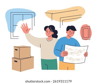 Flat cartoon characters planning interior design and renovation in new house or apartment, man and woman looking at plan, imagining future decor, moving home vector illustration, real estate purchase