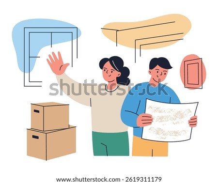 Flat cartoon characters planning interior design and renovation in new house or apartment, man and woman looking at plan, imagining future decor, moving home vector illustration, real estate purchase