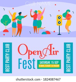 Flat cartoon characters playing music,dancing-musical fest,dance party poster flyer concept for social media,web banner stories,announcement post.Modern trendy people having happy time,man woman