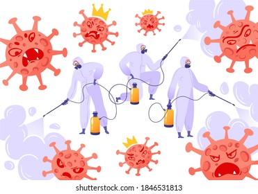 Flat Cartoon Characters In Protective Suits, Respirators, Glasses Spray Disinfectant Against The Evil Coronavirus. People Against The Virus, Infection Control, Cleaning Company. Disinfectant