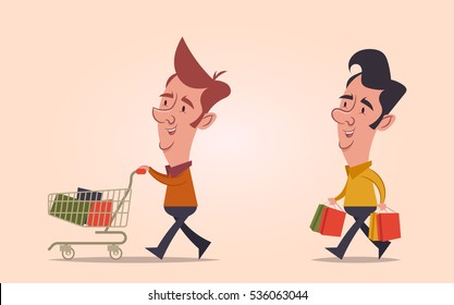 Flat Cartoon Characters Shopping. Vector Set