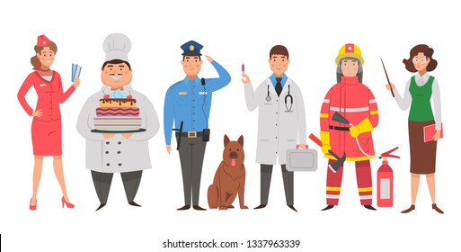 Flat cartoon characters: stewardess, chef, policeman, doctor, fireman, teacher. Vector illustration. 