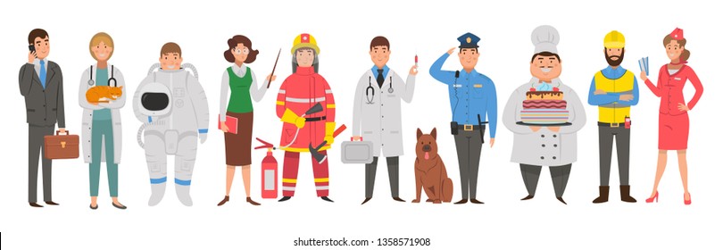 Flat cartoon characters: stewardess, chef, policeman, doctor, fireman, teacher, veterinarian, engineer, businessman, astronaut . Vector illustration. 