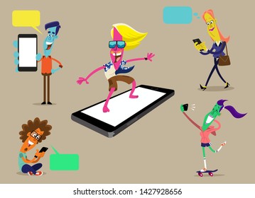 Flat cartoon characters using their cell phones