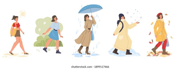 Flat cartoon characters walking outdoor in different seasons,lifestyle concept