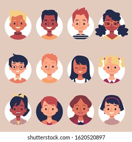 Flat cartoon children portrait icon set inside round frames - cheerful elementary school kids smiling and laughing. Isolated vector illustration collection