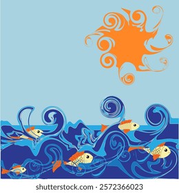 Flat cartoon children  vector illustration with sea waves, fish, sun. vector illustration. Cute baby picture. Landscape for banner, wall decoration, card, poster, t-shirt, cover. Vector illustration a