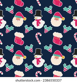 Flat Cartoon Christmas Seamless Pattern. Santa Claus, Snowman, Candy Cane and Sock vector illustration