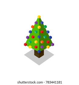 Flat cartoon Christmas tree in box or cube design, isometric style, vector illustration isolated on white background