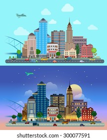 Flat cartoon city set day and night. Road highway avenue transport street traffic before line of buildings skyscrapers business center offices. Urban life lifestyle collection.