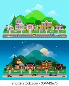 Flat cartoon city town suburb set day and sunset night hilly mountains on background. Road transport street traffic before line of low-rise buildings townhouse mansion house. World cities collection