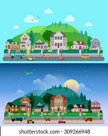 Flat cartoon city town suburb set day and sunset night hilly mountains on background. Road transport street traffic before line of low-rise buildings townhouse mansion house. World cities collection